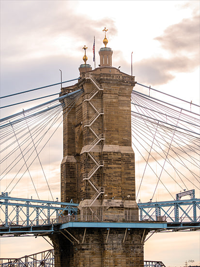 Donnie Quillen DQ309 - DQ309 - Bridge VI - 12x16 suspension bridge, historic bridge, architecture, american flags, tower detail, daylight photo, cloudy sky from Penny Lane