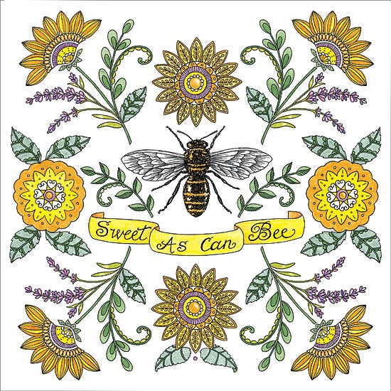 Deb Strain DS2356 - DS2356 - Sweet as can Bee - 12x12 Sweet As Can Bee, decorative floral mandala, cheerful bee art, nature patterns, colorful flowers, symmetrical design, happy message, natural inspiration, spring decor from Penny Lane