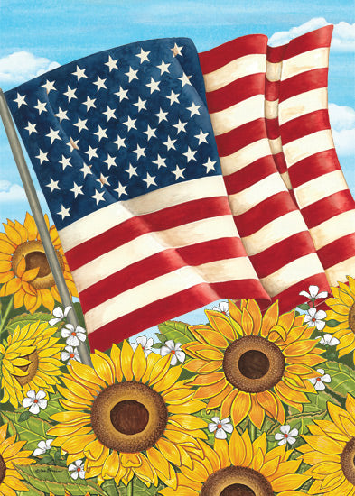 Deb Strain DS2409 - DS2409 - USA Flag and Sunflowers - 12x16 american flag, sunflowers, patriotic flowers, summer bloom, colorful illustration, floral Americana, country pride from Penny Lane