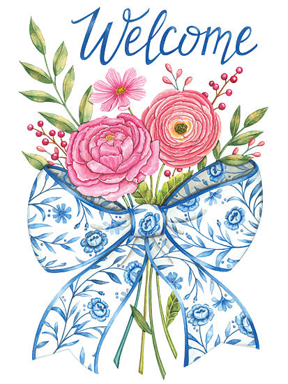 Deb Strain DS2414 - DS2414 - Bow & Flowers Welcome - 12x16 welcome sign, floral bouquet, pink roses, blue ribbon, greeting art, watercolor flowers, home decor, invitation theme, feminine style from Penny Lane