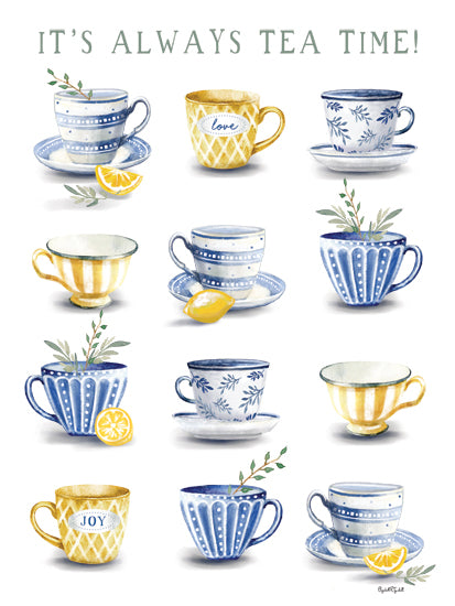 Elizabeth Tyndall ET366 - ET366 - It's Always Tea Time - 12x16 tea time, various teacups, lemon, love, joy, whimsical, blue and yellow, cozy moment, decorative, watercolor cups from Penny Lane