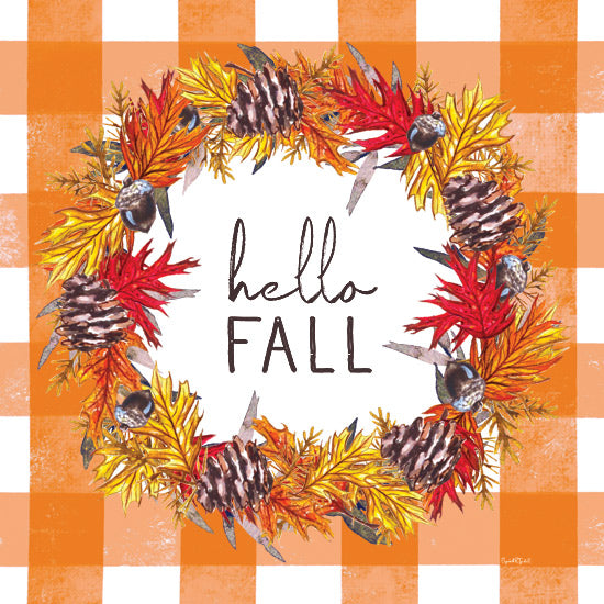 Elizabeth Tyndall ET431 - ET431 - Orange Plaid Fall Wreath - 12x12 fall wreath, autumn leaves, pinecones, seasonal decor, checkered background, thanksgiving, cozy vibes, rustic style from Penny Lane