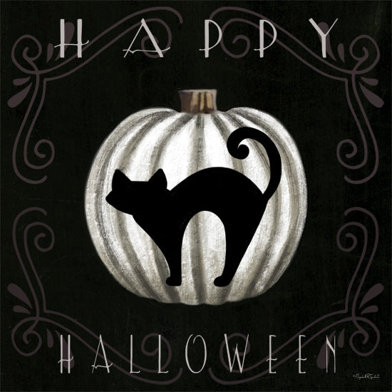 Elizabeth Tyndall ET444 - ET444 - Happy Halloween Black Cat - 12x12 halloween, gothic, black cat, white pumpkin, spooky, silhouette, dark art, modern farmhouse from Penny Lane