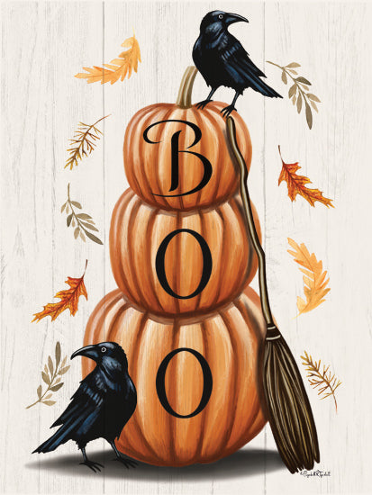 Elizabeth Tyndall ET446 - ET446 - Stacked Pumpkins - 12x16 stacked pumpkins, ravens, broomstick, autumn leaves, spooky decor, halloween farmhouse, rustic from Penny Lane