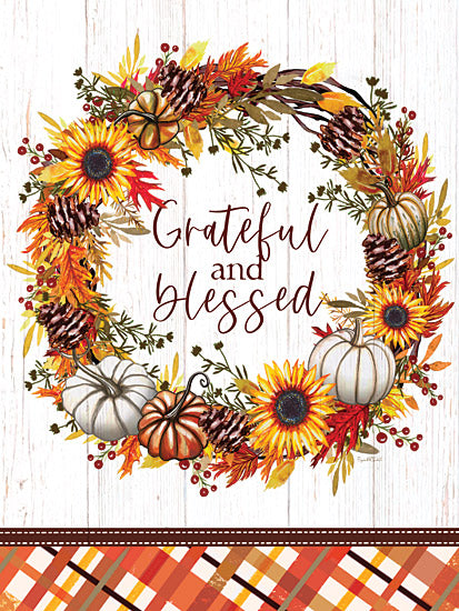 Elizabeth Tyndall ET454 - ET454 - Grateful and Blessed Wreath - 12x16 Fall, grateful, blessed, autumn wreath, pumpkins, sunflowers, pinecones, leaves, typography, rustic from Penny Lane
