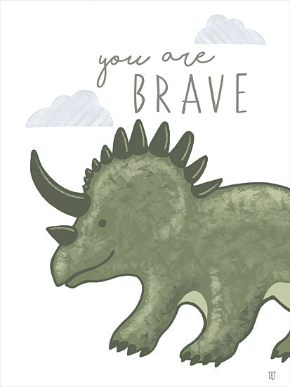 Elizabeth Tyndall ET490 - ET490 - You Are Brave Dinosaur - 12x16 green dinosaur, triceratops illustration, brave quote, child motivation, cartoon animal, inspirational art, textured green dino, clouds in background from Penny Lane