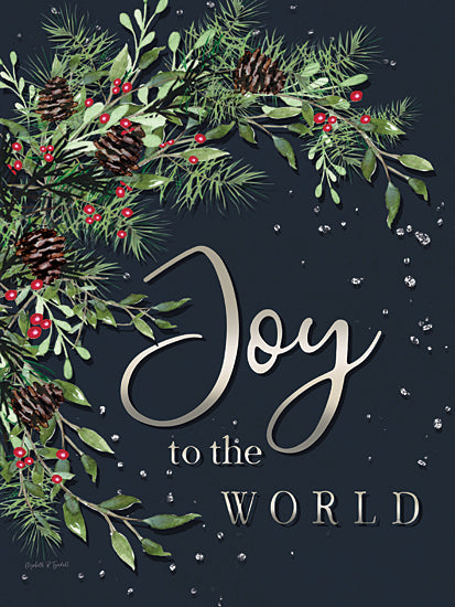 Elizabeth Tyndall ET494 - ET494 - Joy to the World - 12x16 merry and bright, festive foliage, pine branches, berries, cheerful message, dark background, handwritten text, symmetrical design, Christmas spirit from Penny Lane