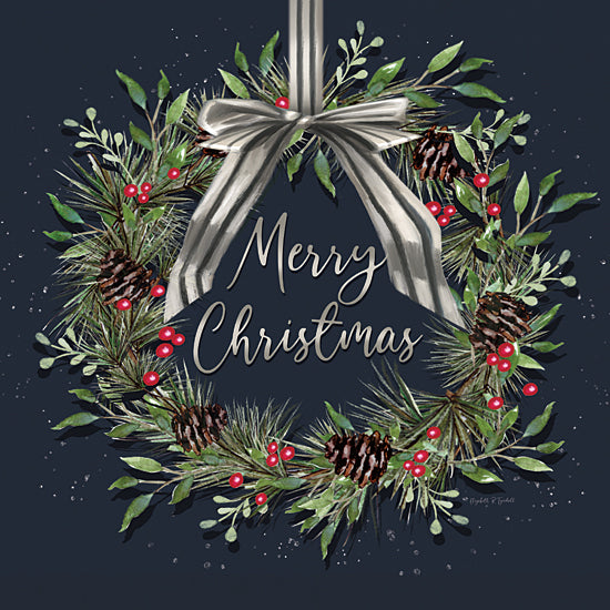 Elizabeth Tyndall ET495 - ET495 - Merry Christmas Wreath - 12x12 peace and joy, Christmas wreath, pine cones, bells, green bow, snowy background, framed window, holiday season, watercolor illustration from Penny Lane