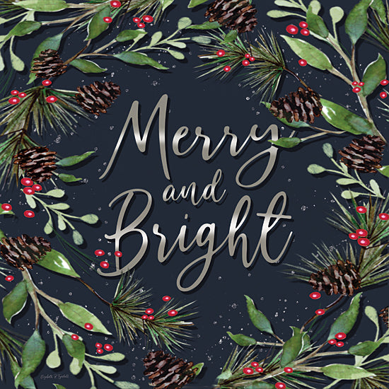 Elizabeth Tyndall ET496 - ET496 - Merry and Bright - 12x12 Christmas wreath, bells, silver ribbon, pine branches, red berries, snow, winter window view, festive home decor, hand-painted style from Penny Lane