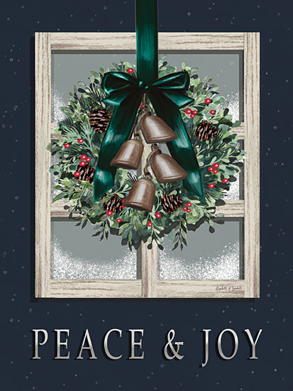 Elizabeth Tyndall ET497 - ET497 - Peace & Joy Window - 12x16 merry, Christmas decor, wreath with bells, blue ribbon, snowy background, framed window, evergreen leaves, pine cones, digital art from Penny Lane