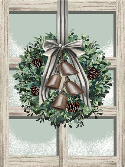 Elizabeth Tyndall ET501 - ET501 - Farmhouse Jingle Bells - 12x16 Christmas wreath, window decor, pine cones, greenery, silver ribbon, hanging bells, holiday decoration, festive greenery, rustic charm, seasonal adornment from Penny Lane