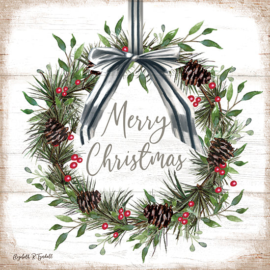 Elizabeth Tyndall ET502 - ET502 - Merry Christmas Wreath - 12x12 Christmas wreath, Merry Christmas text, pinecones, red berries, green foliage, watercolor style, festive bow, rustic holiday art, hand-painted style from Penny Lane