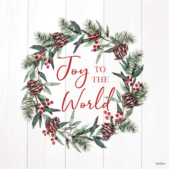 Elizabeth Tyndall ET506 - ET506 - Joy to the World Wreath - 12x12 Joy to the World text, Christmas wreath, pinecones, red berries, green foliage, festive typography, holiday spirit, watercolor style, rustic background from Penny Lane