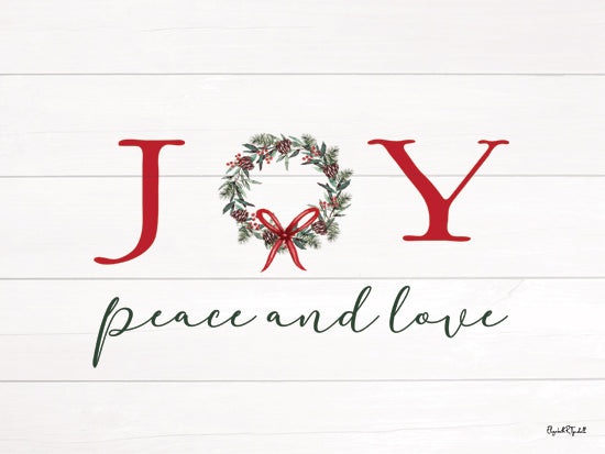Elizabeth Tyndall ET509 - ET509 - Joy, Peace and Love - 16x12 Joy peace and love text, Christmas typography, wreath with red ribbon, rustic white backdrop, holiday theme, joyful message, seasonal greenery art from Penny Lane