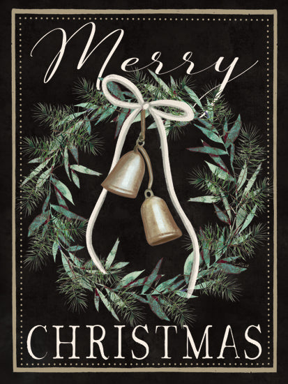 Elizabeth Tyndall ET511 - ET511 - Merry Christmas Bells - 12x16 Merry Christmas text, wreath with bells, dark background, elegant design, festive ribbon, greenery, pine leaves, classic holiday decor, vintage theme from Penny Lane