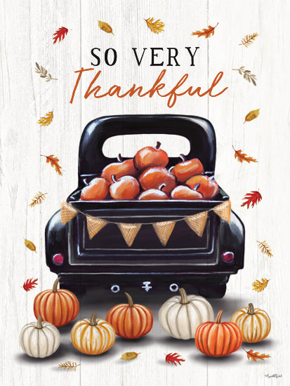 Elizabeth Tyndall ET514 - ET514 - Thankful Truck - 12x16 So Very Thankful text, fall truck loaded with apples, pumpkins and leaves, autumn season, Thanksgiving art, harvest celebration, festive fall illustration from Penny Lane