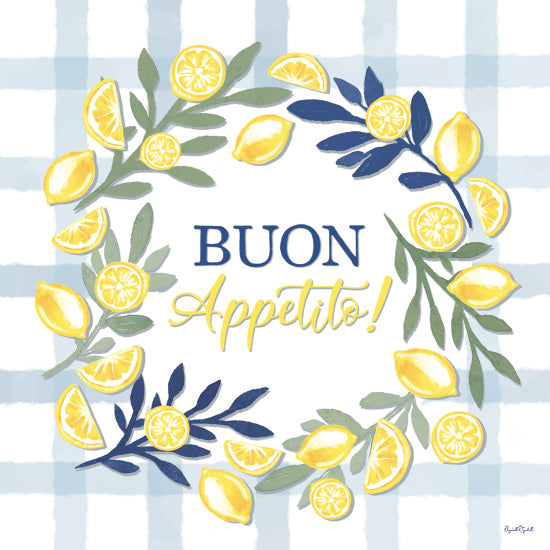 Elizabeth Tyndall ET521 - ET521 - Melancholy Morning    - 12x12 lemon wreath, buon appetito, italian kitchen art, citrus fruit, green leaves, blue checkered background, summer decor from Penny Lane