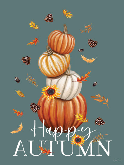 Elizabeth Tyndall ET523 - ET523 - Happy Autumn Pumpkin Stack - 12x16 Happy Autumn text, stacked pumpkins illustration, fall leaves, pinecones, green background, seasonal greeting, autumn harvest, rustic festive design from Penny Lane