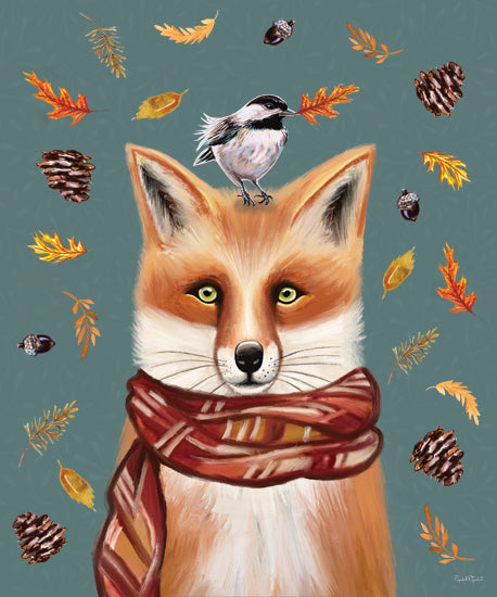 Elizabeth Tyndall ET524 - ET524 - Autumn Fox with Bird - 12x16 Fox with scarf, bird on head, autumn leaves, pinecones, whimsical animal art, fall forest theme, cozy woodland illustration, painterly style, festive colors from Penny Lane