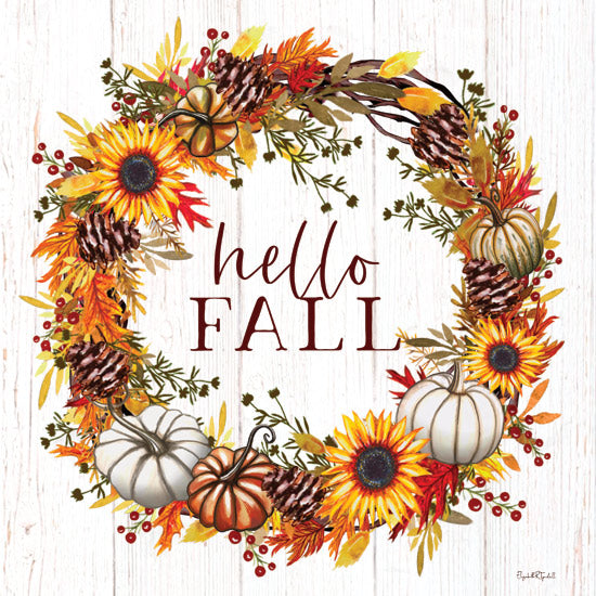 Elizabeth Tyndall ET525 - ET525 - Hello Fall Wreath - 12x12 fall wreath, pumpkins, sunflowers, pinecones, autumn leaves, rustic decor, seasonal art, farmhouse style, berries, wood background from Penny Lane