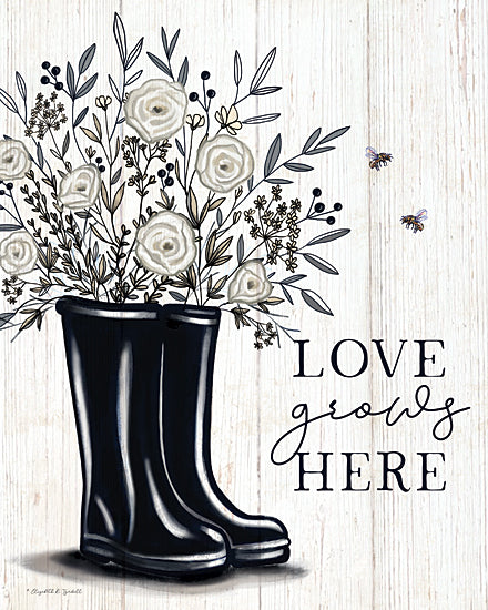 Elizabeth Tyndall ET526 - ET526 - Love Grows Here Rainboots - 12x16 black boots with flowers, neutral florals, rustic bouquet, farmhouse decor, minimalistic design, inspirational text, bees from Penny Lane