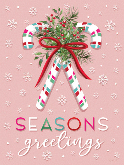Elizabeth Tyndall ET528 - ET528 - Season Greetings Candy Canes I - 12x16 seasons greetings, candy canes, christmas greenery, snowflakes, pink holiday card, red ribbon from Penny Lane