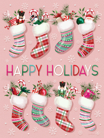 Elizabeth Tyndall ET529 - ET529 - Happy Holidays Stockings I - 12x16 happy holidays, christmas stockings, pink background, candy canes and toys, festive art, holiday decoration from Penny Lane