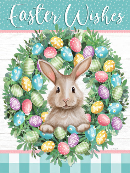 Elizabeth Tyndall ET544 - ET544 - Easter Wishes Wreath - 12x16 easter bunny, colorful eggs, green wreath, easter wishes sign, spring holiday, pastel colors from Penny Lane