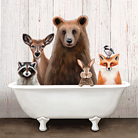 Elizabeth Tyndall ET547 - ET547 - Wilderness Friends Bathtime - 12x12 bathtub animals, bear raccoon deer fox bunny chickadee, forest animals, humorous bathroom art, rustic wooden background from Penny Lane