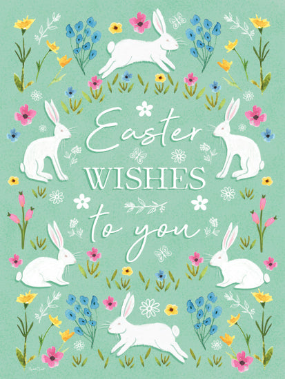 Elizabeth Tyndall ET548 - ET548 - Easter Wishes to You - 12x16 easter wishes, spring rabbits, floral pattern, green pastel background, seasonal greeting, child friendly art, blooming flowers from Penny Lane