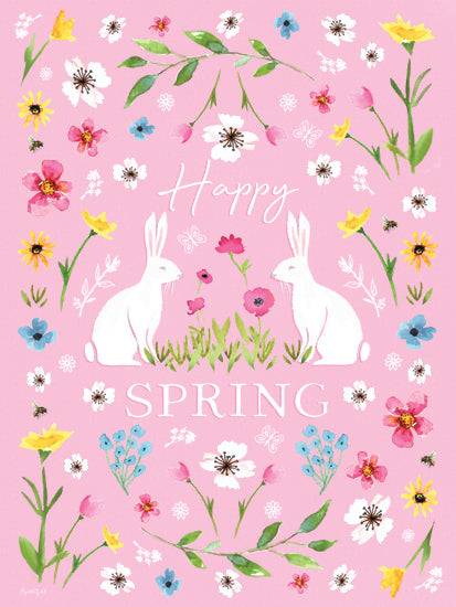 Elizabeth Tyndall ET551 - ET551 - Happy Spring - 12x16 happy spring, pink pastel floral, white bunnies, colorful wildflowers, seasonal art, cheerful springtime, rabbits in flowers from Penny Lane