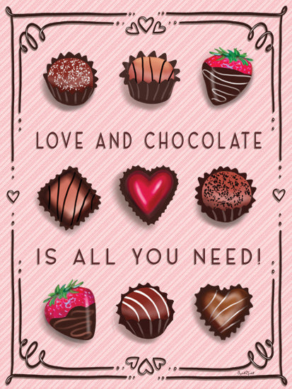 Elizabeth Tyndall ET557 - ET557 - Love and Chocolate is All You Need - 12x16 chocolates, truffles, pink background, valentine candy, dessert, hearts, hand drawn, stylized sweets, sweet treats, whimsical food art from Penny Lane