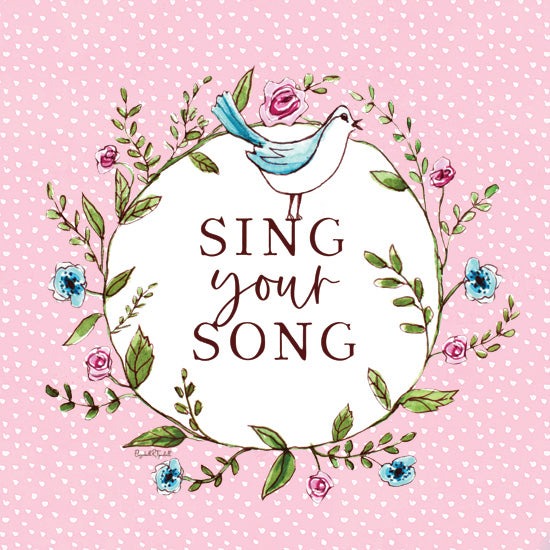 Elizabeth Tyndall ET570 - ET570 - Sing Your Song - 12x12 sing your song quote, floral wreath, blue bird, inspirational, hand lettered typography, pink heart background, self-expression, delicate flowers from Penny Lane
