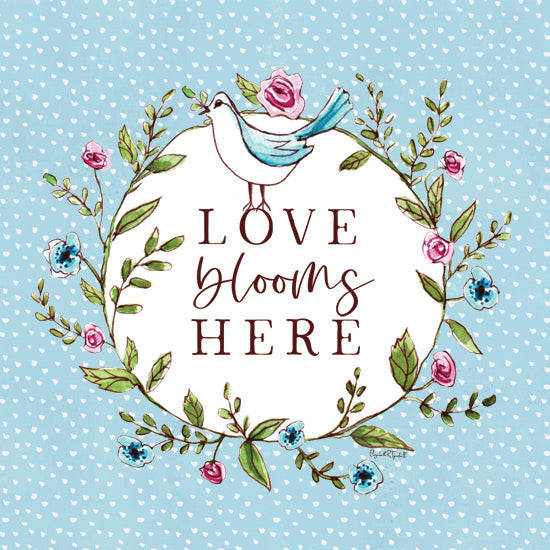 Elizabeth Tyndall ET571 - ET571 - Love Blooms Here - 12x12 love blooms here quote, floral wreath, bird with flower, romantic theme, pastel colors, turquoise background, heart motifs, botanical art from Penny Lane