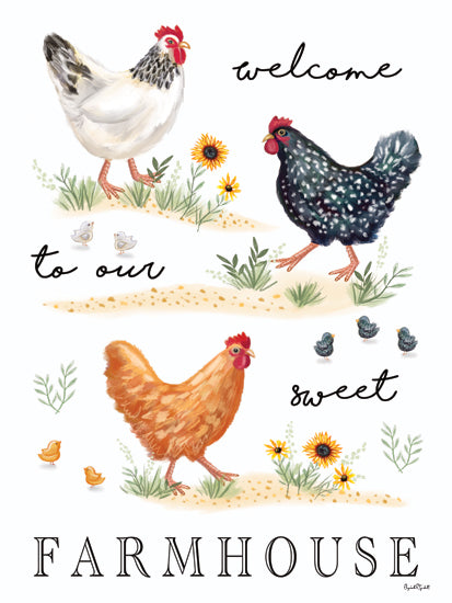 Elizabeth Tyndall ET588 - ET588 - Welcome to our Farmhouse - 12x16 welcome to our sweet farmhouse, chickens, hens, chicks, sunflowers, farmhouse sign, country decor, barnyard bird illustration, rustic wall art, black script lettering, white background, hand-painted poultry art, charming farm welcome sign, modern farmhouse style, country living artwork from Penny Lane