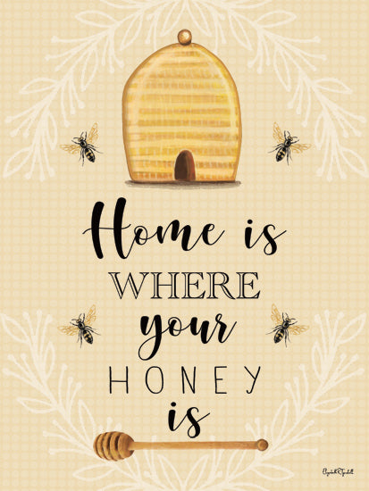 Elizabeth Tyndall ET597 - ET597 - Home is Where Your Honey Is - 12x16 Home is where your honey is, bee skep, honey dipper, bees, rustic background, golden hues, loving home, beekeeping theme from Penny Lane