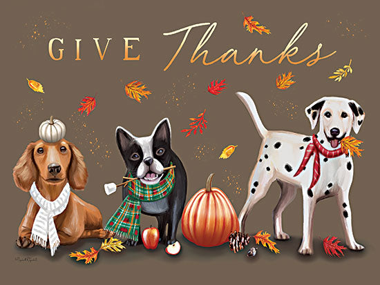 Elizabeth Tyndall ET643 - ET643 - Give Thanks Dogs - 16x12 give thanks, thanksgiving dogs, dachshund, boston terrier, dalmatian, pumpkins, autumn leaves, scarf, harvest decor, thankful season, pet art, whimsical illustration, brown background, fall wall art, seasonal sign, playful dogs, thanksgiving decor, hand-painted, word art, cozy holiday style from Penny Lane