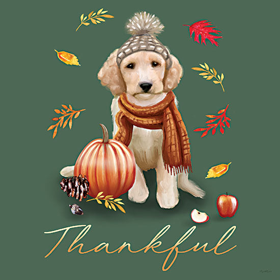 Elizabeth Tyndall ET647 - ET647 - Fall Dogs Thankful - 12x12 thankful puppy, autumn dog portrait, pumpkin, scarf, knit hat, fall leaves, green background, thanksgiving decor, pet illustration, seasonal wall art, cozy harvest style, whimsical puppy art, hand-painted dog, cute pet decor, orange pumpkin, gratitude quote, word art, fall pet portrait from Penny Lane