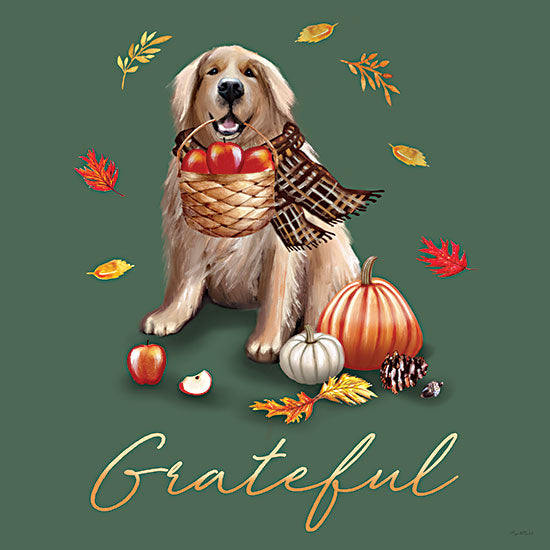 Elizabeth Tyndall ET649 - ET649 - Fall Dogs Grateful - 12x12 grateful golden retriever, dog with apple basket, scarf, pumpkin, fall leaves, autumn pet art, thanksgiving decor, harvest wall art, cozy seasonal illustration, green background, hand-painted dog portrait, grateful quote, apples, retriever art, farmhouse fall decor, word art, festive pet print from Penny Lane