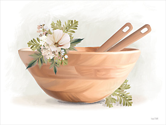 House Fenway FEN1179 - FEN1179 - Kitchen Bouquet Bowl - 16x12 wooden bowl, salad bowl, kitchen utensils, floral decoration, leaves, soft color palette, artistic illustration, cozy farmhouse from Penny Lane