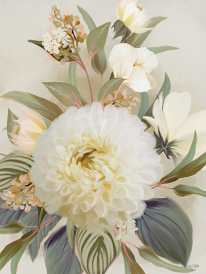House Fenway FEN1203 - FEN1203 - Floral Variegate II - 12x16 White dahlia, flower bouquet, greenery, soft colors, botanical art, romantic floral, detailed leaves from Penny Lane