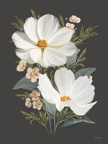 House Fenway FEN1204 - FEN1204 - Old Lace Cosmos I - 12x16 white cosmos flowers, digital painting, moody background, realistic floral art, elegant design, garden theme, nature inspired, dark aesthetic from Penny Lane