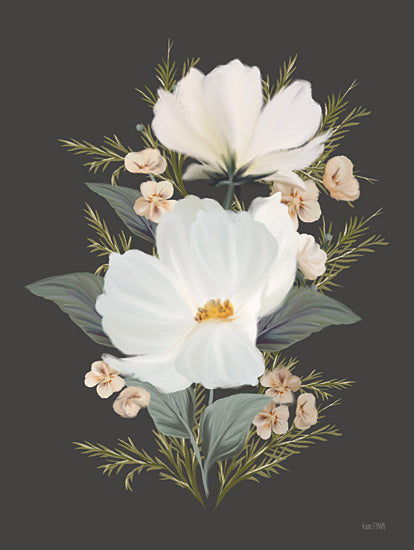 House Fenway FEN1205 - FEN1205 - Old Lace Cosmos II - 12x16 flower bouquet, soft white flowers, realistic digital art, dark background, garden inspired, elegant botanical composition, foliage details from Penny Lane