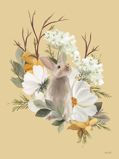 House Fenway FEN1209 - FEN1209 - Primrose Patch with Bunny - 12x16 Rabbit, floral bouquet, spring theme, cute bunny, yellow background, white blossoms, watercolor art from Penny Lane