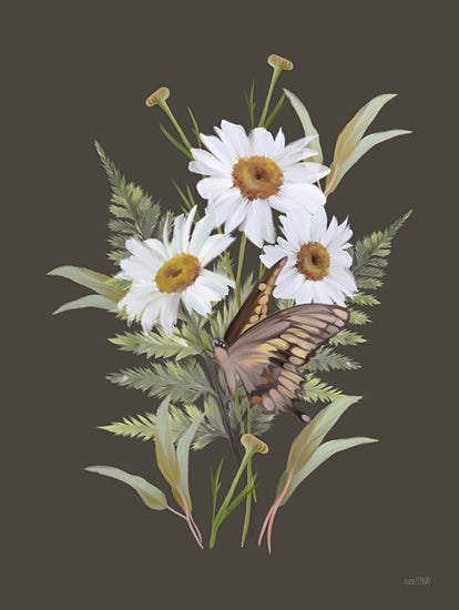 House Fenway FEN1240 - FEN1240 - Fluttering Ferns II - 12x16 butterfly, daisy, white flowers, green leaves, yellow center, garden, flora and fauna, swallowtail, dark green background from Penny Lane