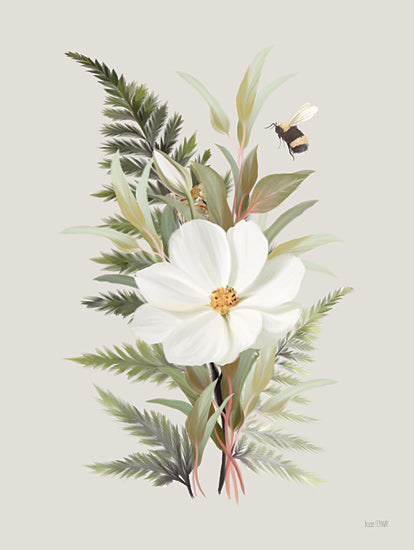 House Fenway FEN1244 - Ferns and Forsythia II - 12x16 white flower, greenery, bumblebee, soft pastel, botanical arrangement, detailed illustration from Penny Lane