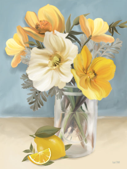 House Fenway FEN1264 - FEN1264 - Sunny Disposition - 12x16 yellow and white flowers, lemon still life, mason jar vase, kitchen decor, summer vibes, citrus art, pastel background, realistic painting from Penny Lane