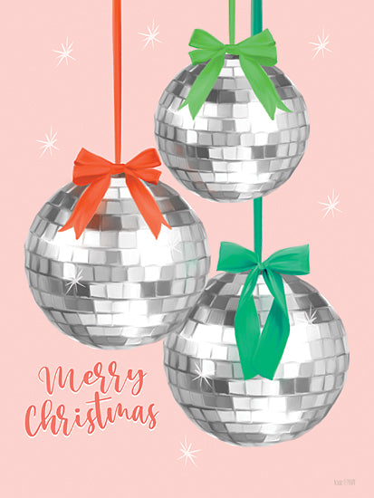 House Fenway FEN1272 - FEN1272 - Disco Merry Christmas - 12x16 merry christmas disco balls, pink background, festive decor, green and red ribbons, glittery ornaments, holiday party vibe from Penny Lane
