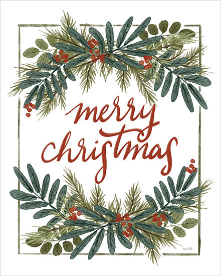 House Fenway FEN958 - FEN958 - Holly Green Merry Christmas - 12x16 Christmas, festive, greenery, pine branches, red berries, watercolor illustration, holiday greeting, Merry Christmas text, rustic from Penny Lane