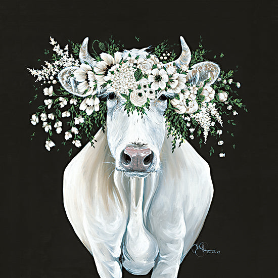 Heidi Kuntz HH261 - HH261 - Pearl the Cow - 12x12 white cow, floral crown, white flowers, greenery, botanical headdress, black background, elegant animal, farm animal portrait, stylized, serene expression from Penny Lane